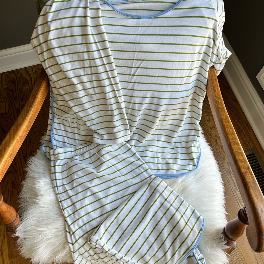 LAKE Green Striped Cropped Pajama Set with Blue Trim